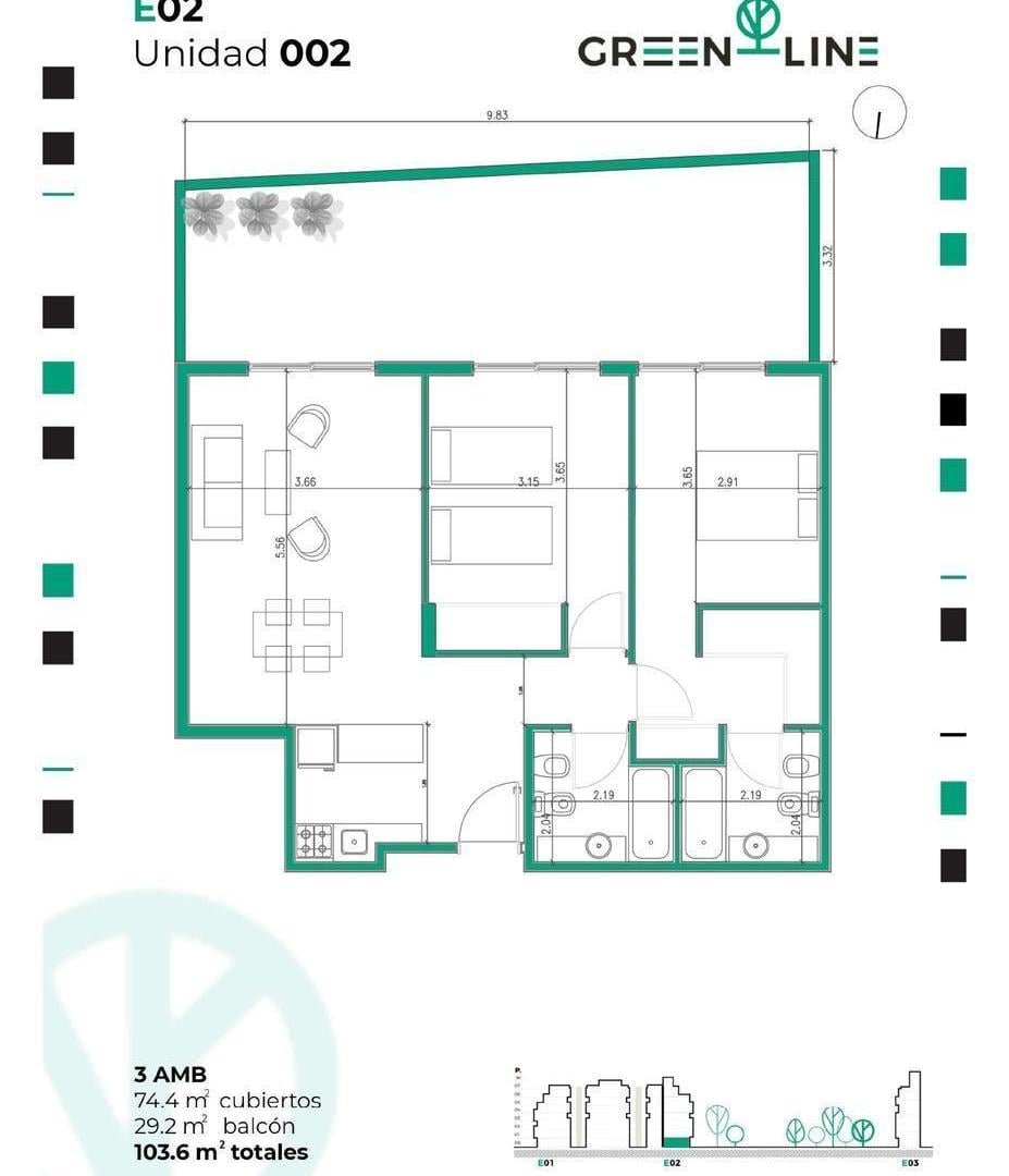 Departamento de tres ambientes en Almagro