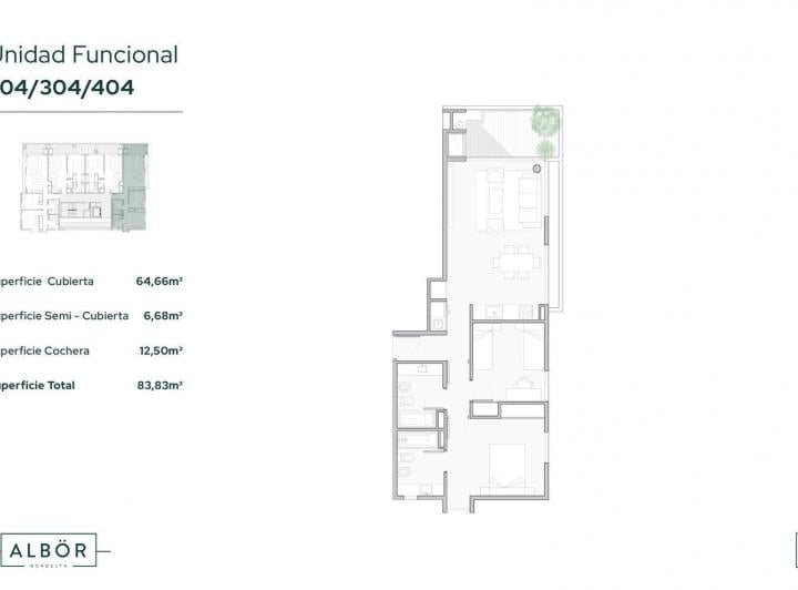 3 ambientes con 2 dormitorios (principal en suite) y balcón con parrilla.