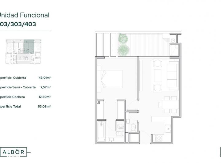 2 ambientes con toilette, dormitorio en suite y balcón con parrilla.