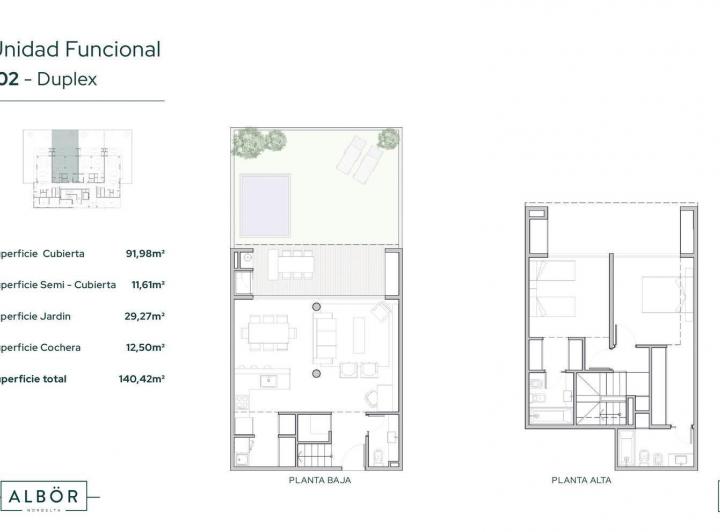 Departamento de 3 ambientes en dúplex con galería cubierta con parrilla jardín.