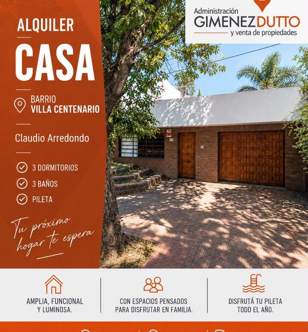 ALQUILER CASA 3 DORMITORIOS - VILLA CENTENARIO