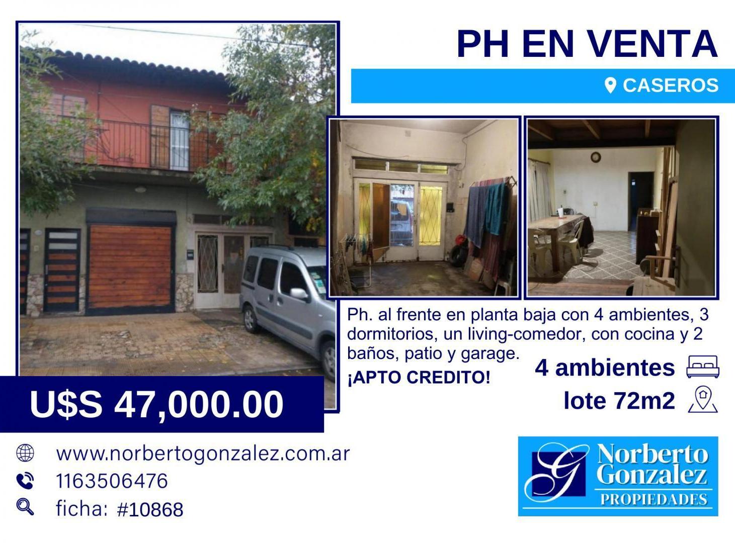 EN VENTA EN CASEROS PH DE 4 AMBIENTES 2 BAÑOS PATIO F: 10868