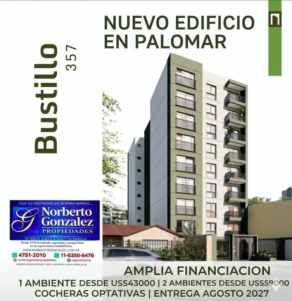 EN PALOMAR NUEVO EMPRENDIMIENTO DE DEPARTAMENTOS DE 1 Y 2 AMBIENTES ZONA CENTRICA  F: 10984 5