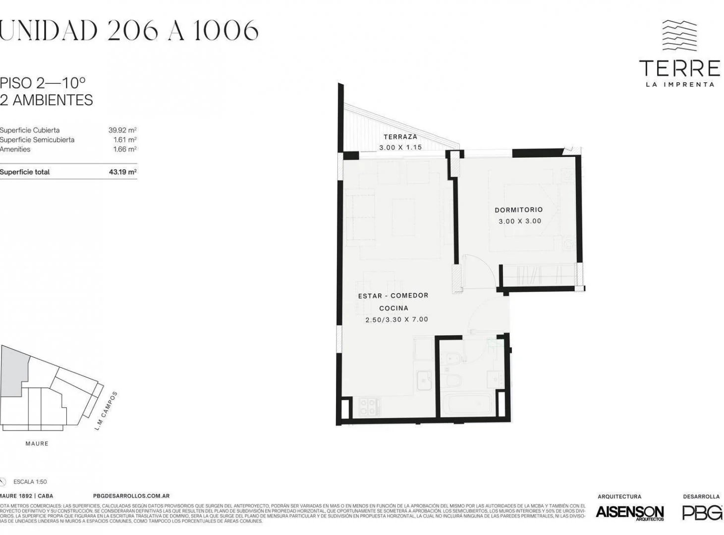 Departamento en venta de 2 ambientes en La Imprenta de 43m2