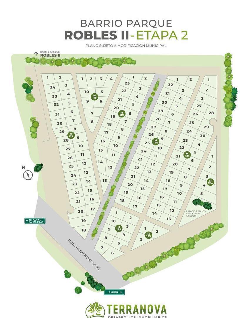 Venta. Terreno 1500m2. Financiación total hasta 60 cuotas. Barrio Parque Robles II. Entrada ruta 192