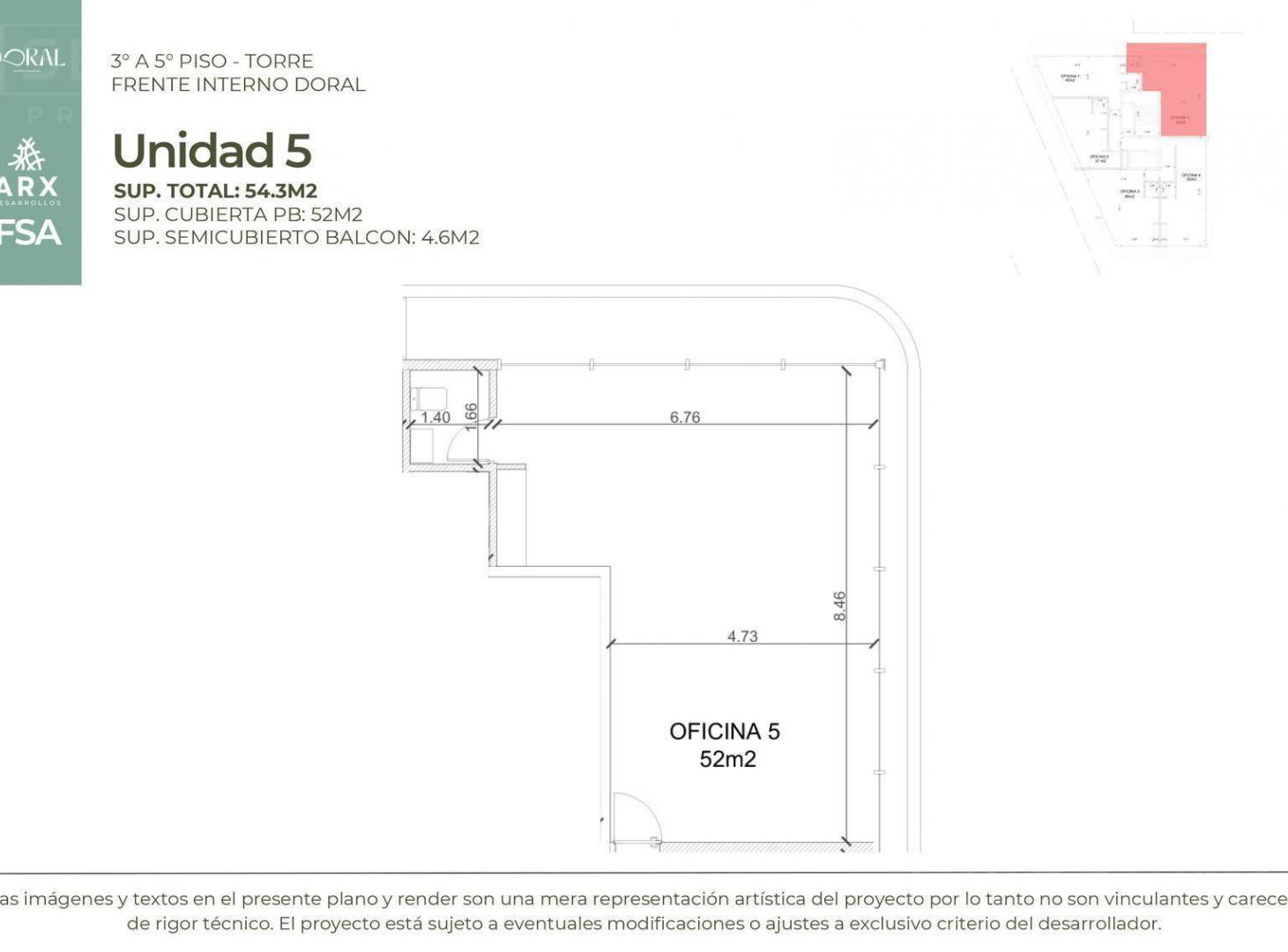 Venta en pozo oficina de 55 m2, co balcón Doral Centro Comercial, Avda Italia, Villanueva