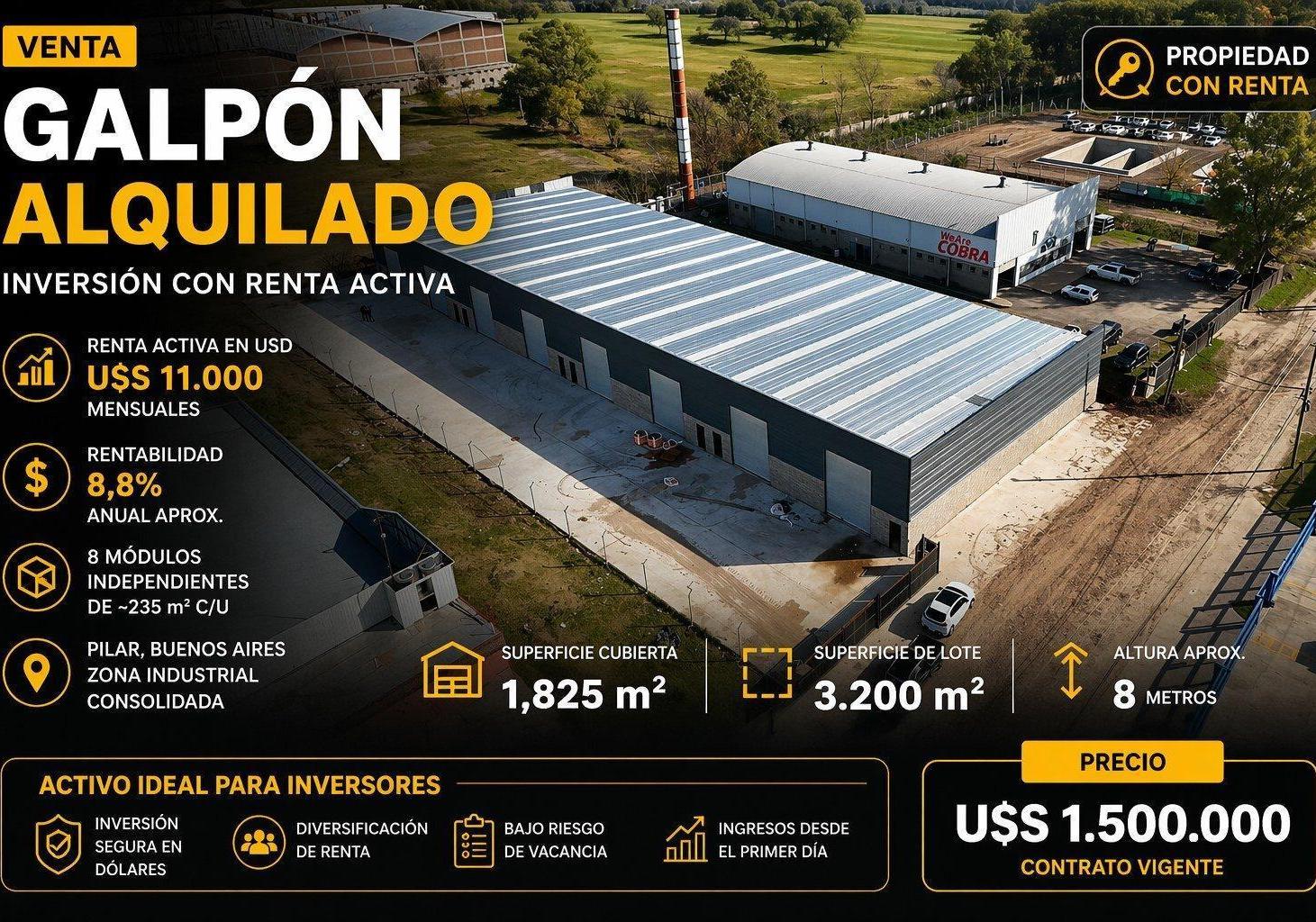 VENTA GALPON CON RENTA 1825 M2 CUBIERTOS PILAR