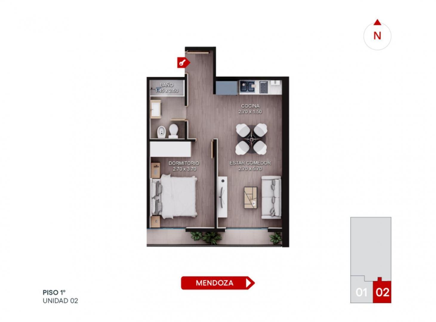 Semipiso de 1 dormitorio con balcón. Amenities y entrega inmediata. Cochera disponible.