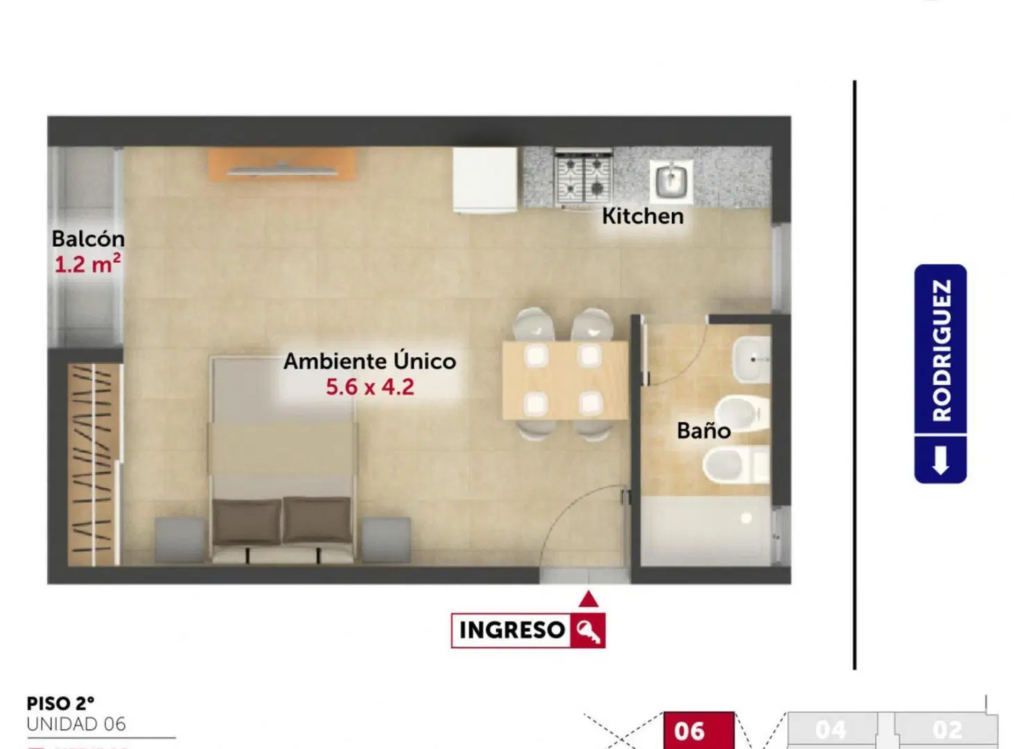 Departamento semipiso con balcón y amenities, ambiente único y ventilación cruzada. 1