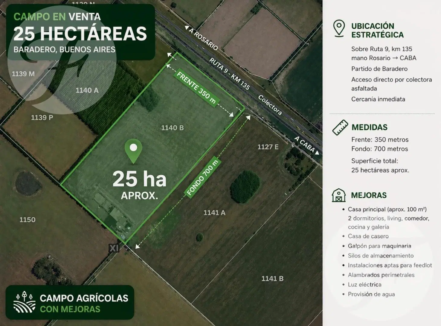 Venta de fracción en Baradero sobre Ruta 9 - 25 ha agrícolas con mejoras - 350m lineales sobre Ruta 5