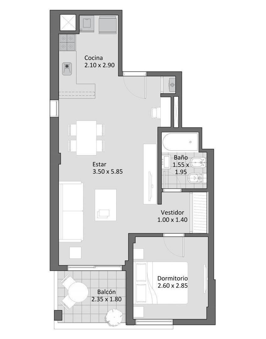 Departamento de 1 dormitorio al frente en Zona Río