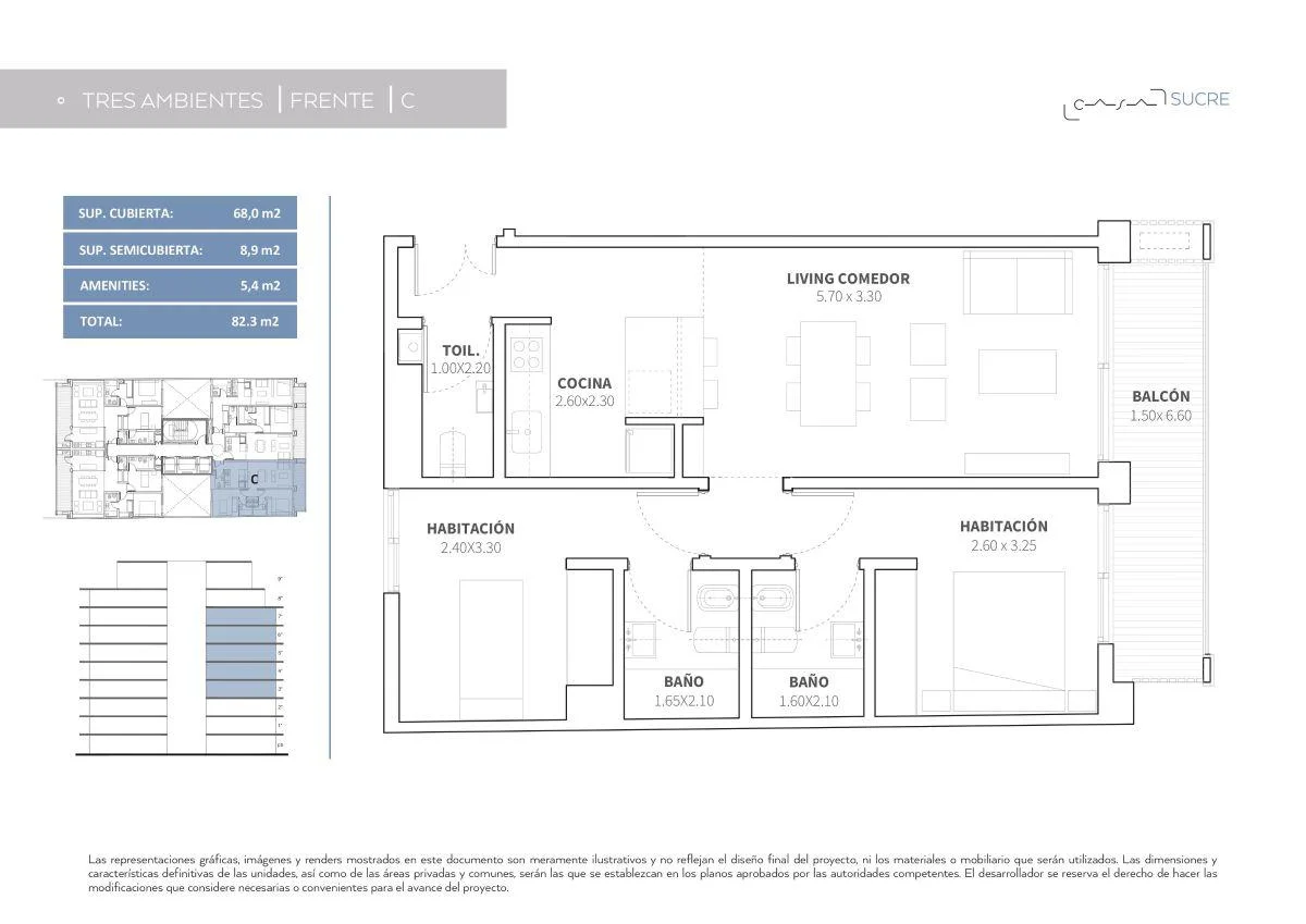 Casa Sucre - Bajo Belgrano - Edificio Full Amenities - 3 Ambientes - Piso 6 "C"