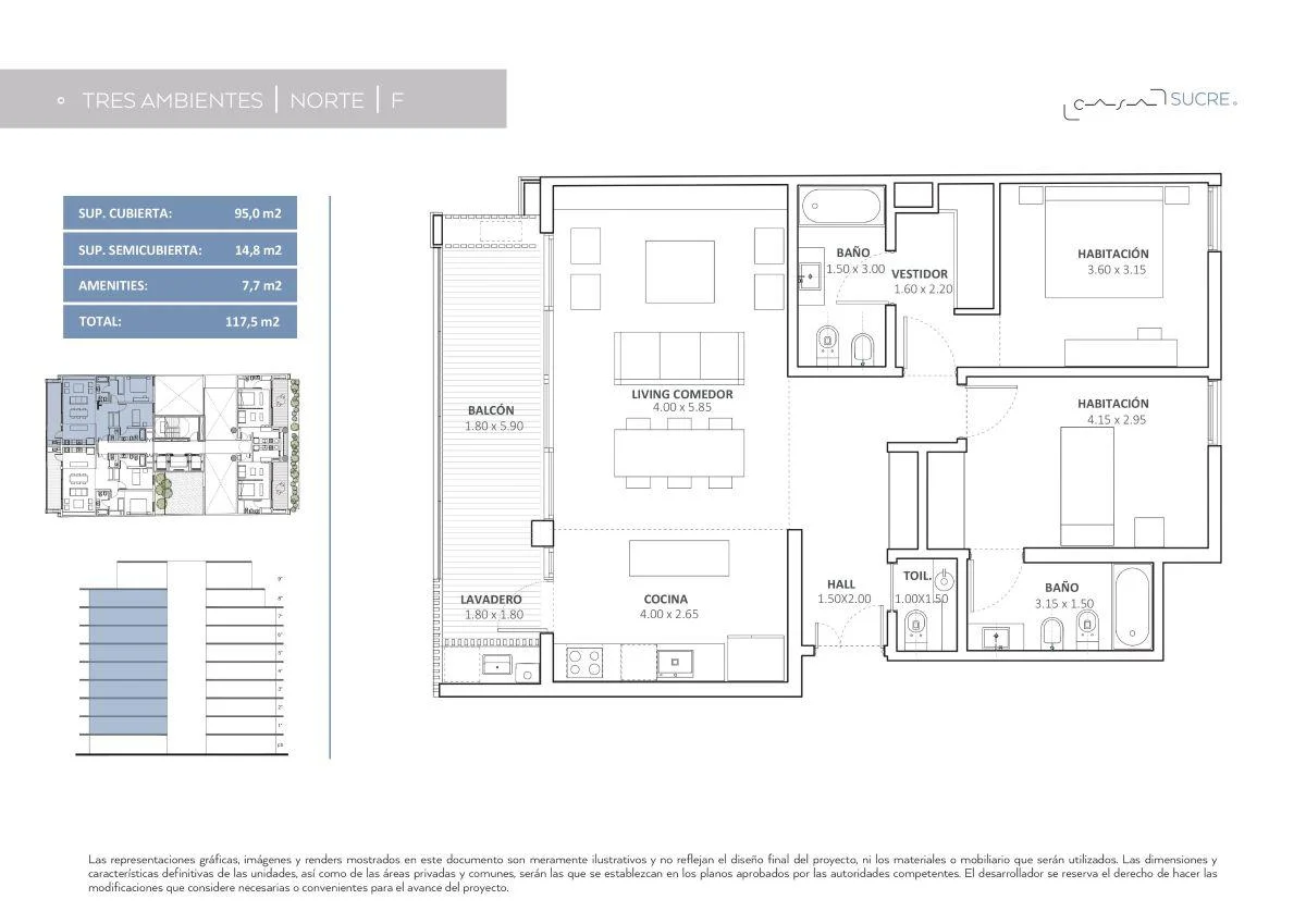 Casa Sucre - Bajo Belgrano - Edificio Full Amenities - 3 Ambientes - Piso 7 "F"