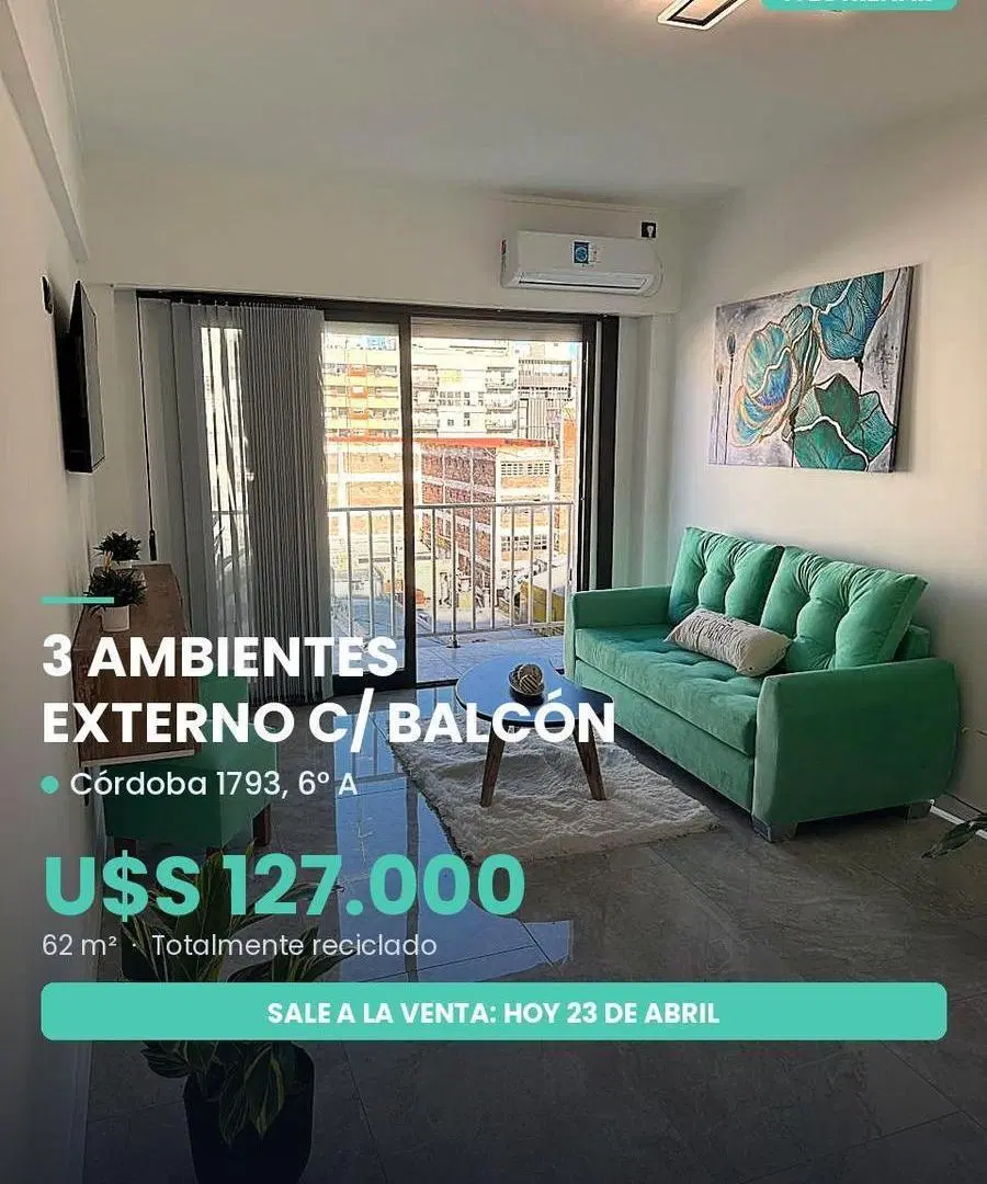 Departamento tres ambientes. A la calle. Cochera. Córdoba 1700. Venta. 1