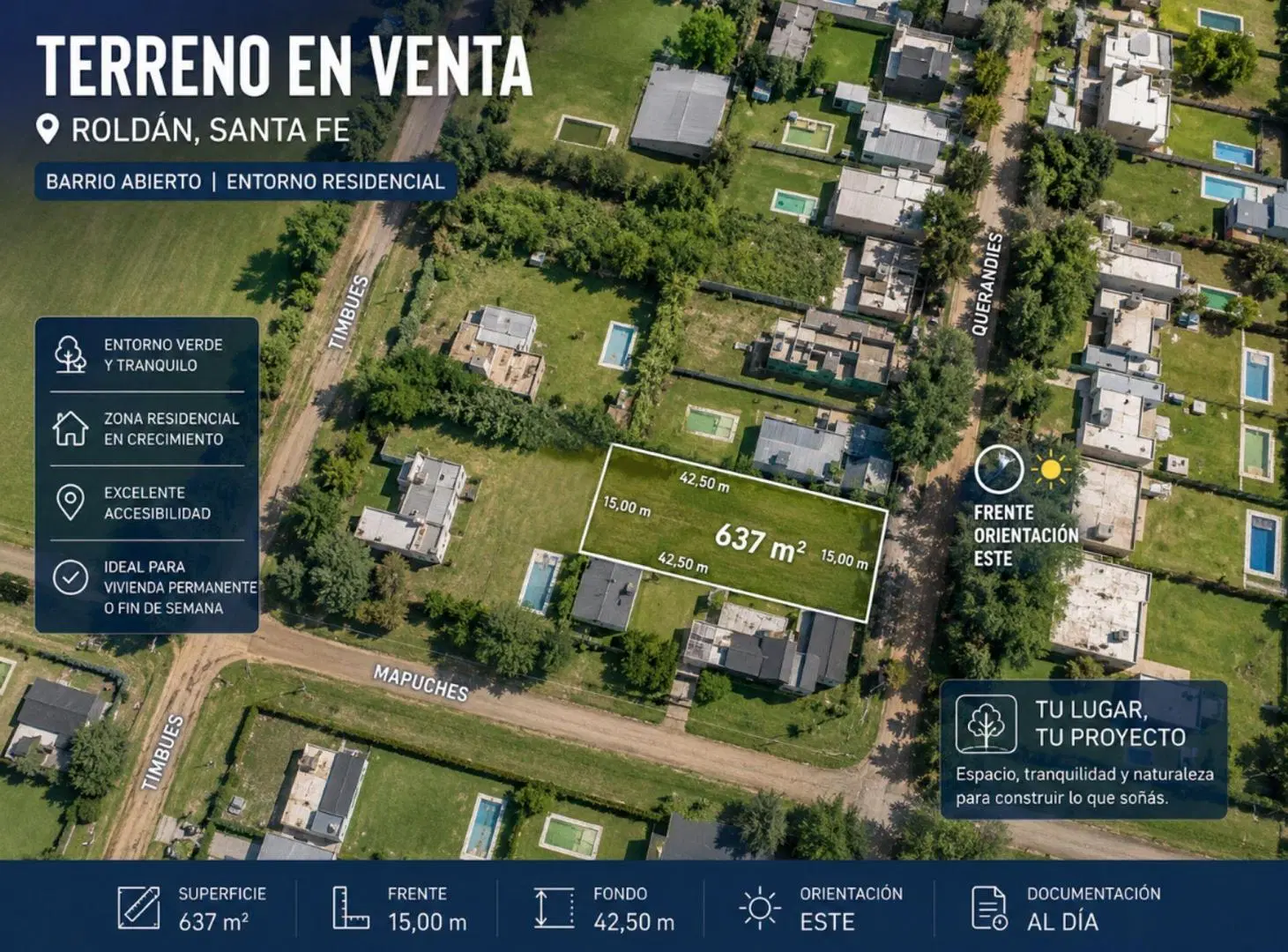 TERRENO EN VENTA 637M2 ROLDÁN. ENTORNO RESIDENCIAL 3