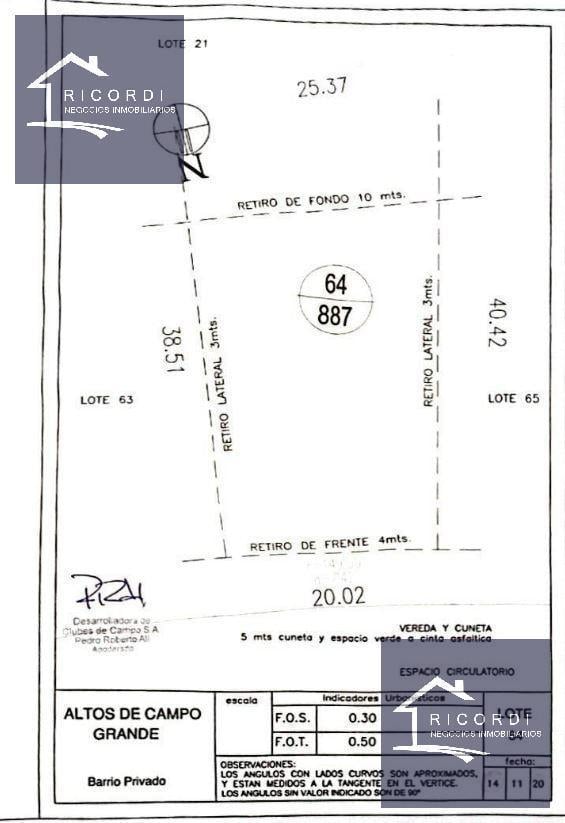 VENTA LOTE CENTRAL 887 m2 ALTOS DE CAMPO GRANDE