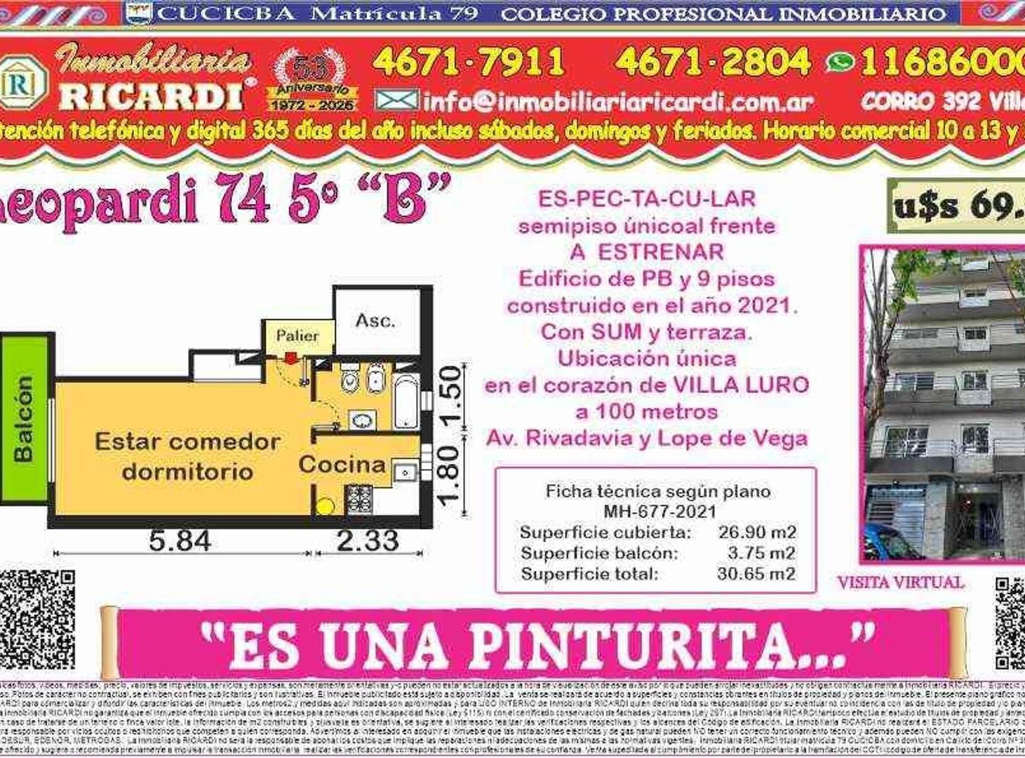 ES UNA PINTURITA - Pisito único al frente A ESTRENAR.