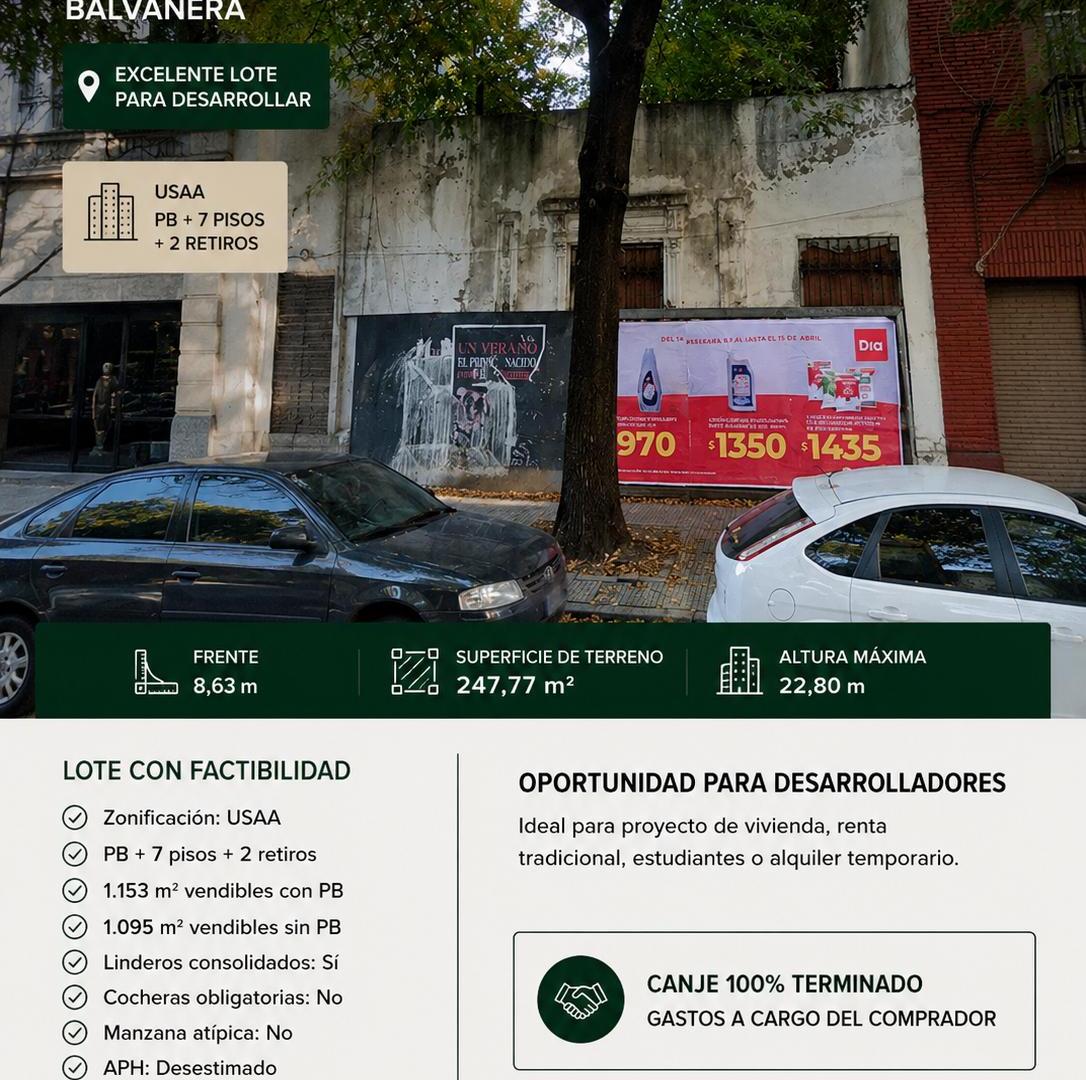 LOTE USAA | PB + 7 PISOS + 2 RETIROS | 1.153 m² VENDIBLES | CANJE 100%