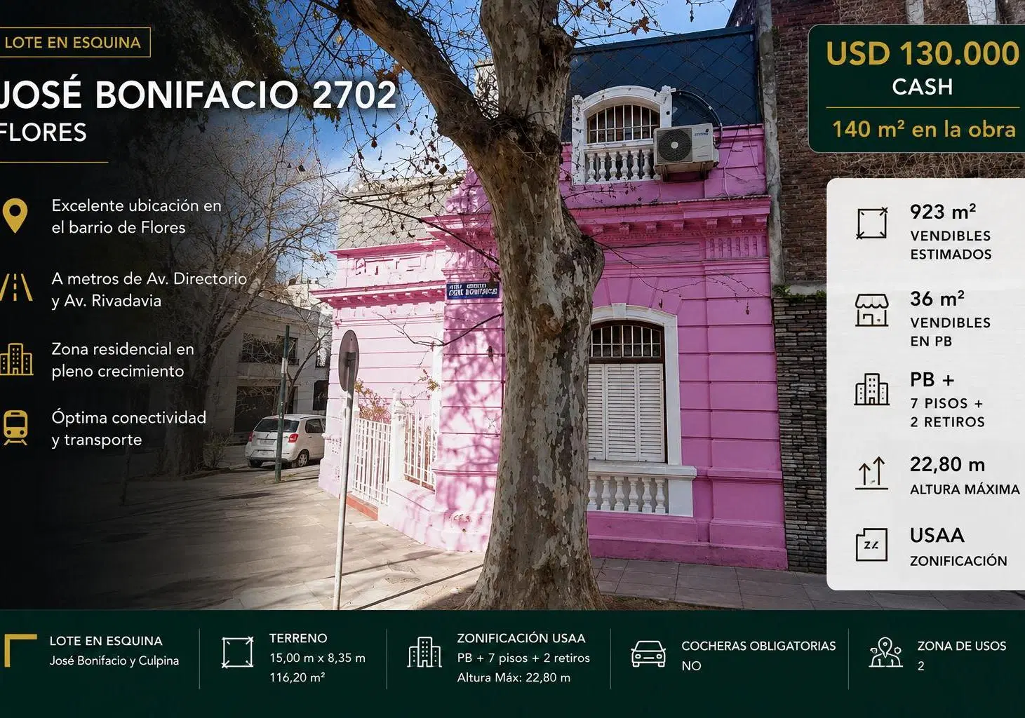 LOTE USAA EN ESQUINA | 923 m² VENDIBLES | PB + 7 PISOS + 2 RETIROS / CASH + MTS 3