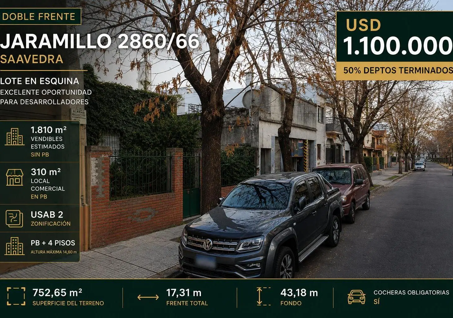 DOBLE FRENTE EN SAAVEDRA | 1.810 m² VENDIBLES | USAB 2 | USD 1.100.000 + 50% EN DEPTOS TERMINADOS 2