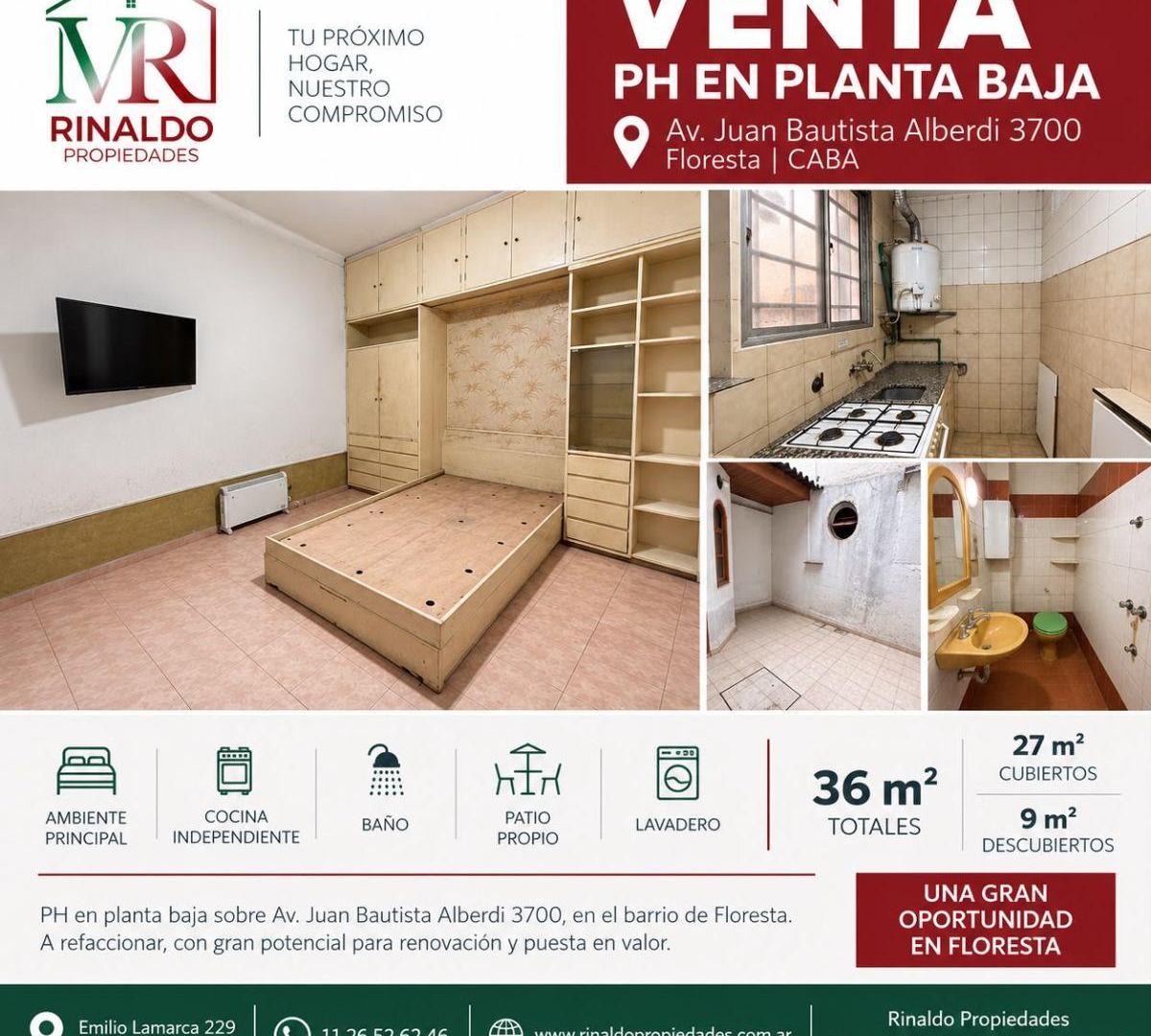 VENTA – PH EN PLANTA BAJA CON PATIO – SIN EXPENSAS – FLORESTA