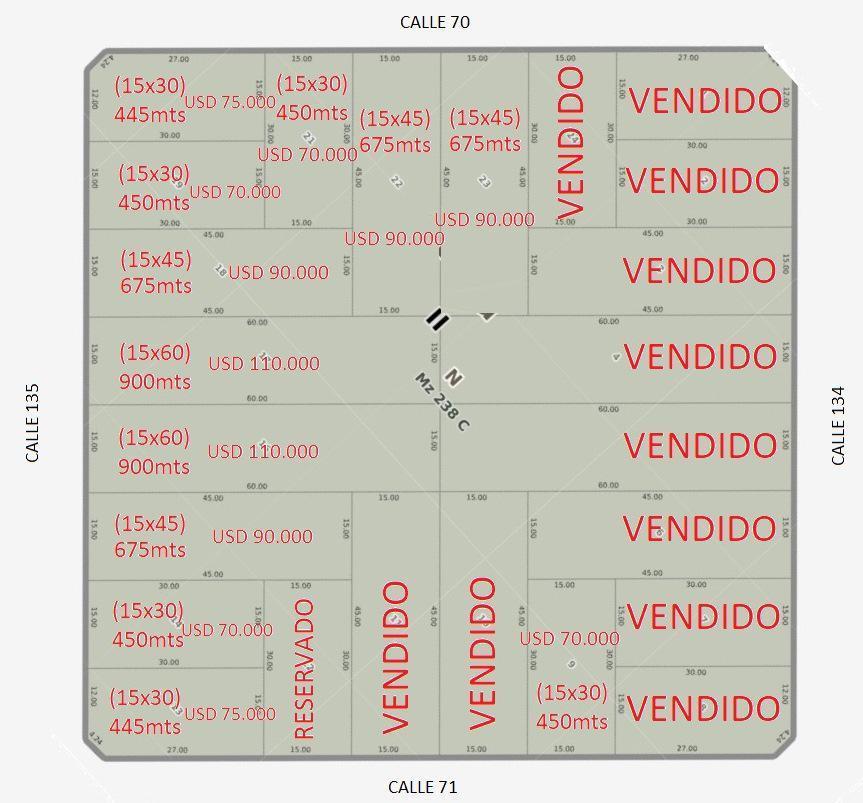 Venta Terreno 15mts de frente x 30 / 45 / 60 todos los servicios - 70 e/ 134 y 135 - La Plata