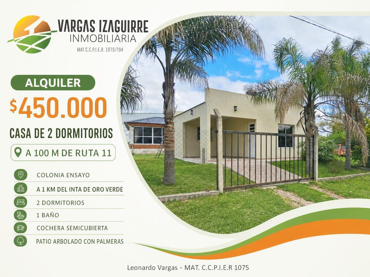 CASA EN ALQUILER en Colonia Ensayo: 2 Dormitorios con PATIO y COCHERA a 100 Metros de Ruta 11