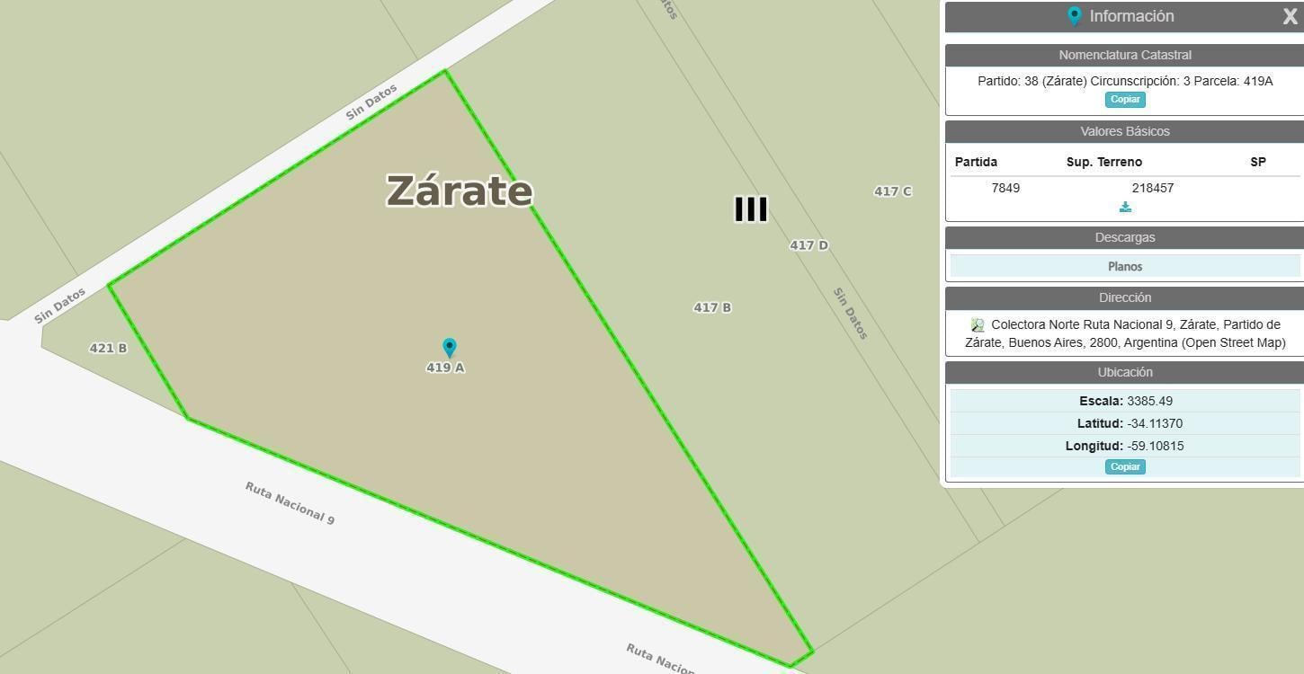 VENTA FRACCION 55 Ha Ruta 9 y Camino de la Costa Brava ZARATE