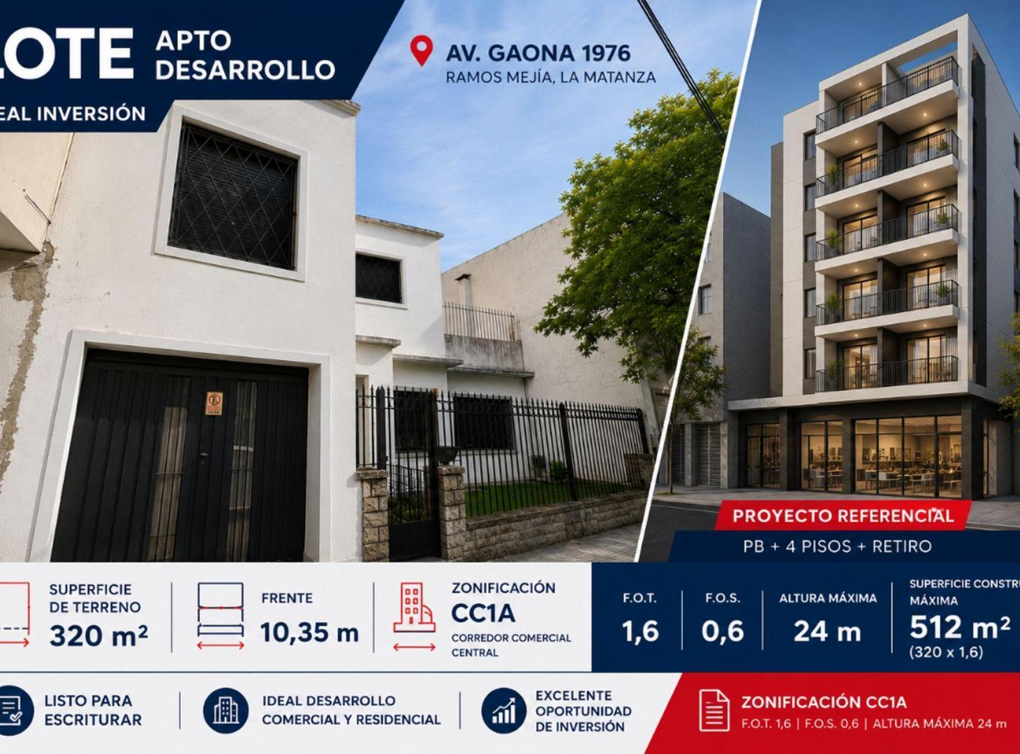 LOTE EN VENTA PARA DESARROLLO RAMOS MEJIA AV GAONA