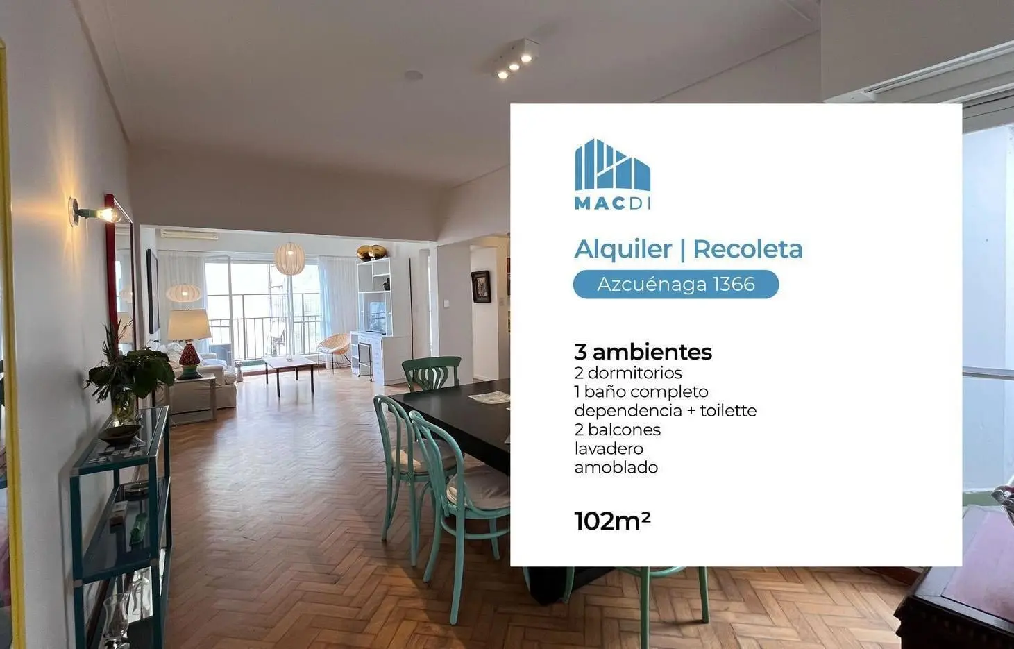 Excelente Dpto. 3 ambientes en Alquiler Temporal totalmente equipado en Recoleta. 1