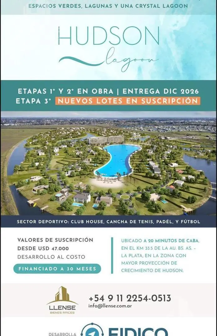 Lote 925m2 a la laguna en etapa 3 en venta - FINANCIACIÓN - Hudson Lagoon 1