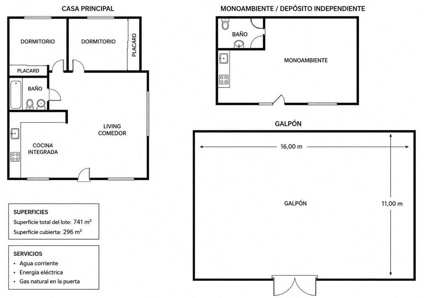 Casa + Monoambiente + Galpón de 187 m²