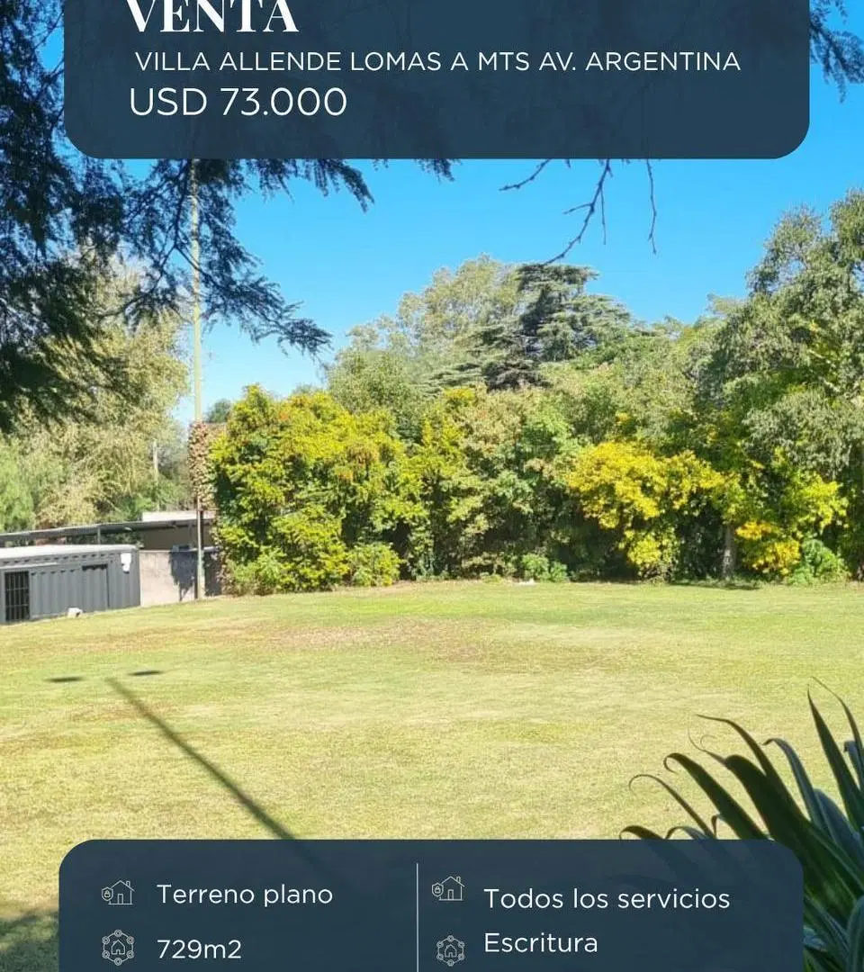 Terreno plano en Villa Allende Lomas a metros Av. Argentina 1