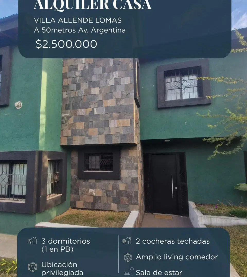 Casa en alquiler de tres dormitorios en Villa Allende Lomas a metros Av. Argentina 4