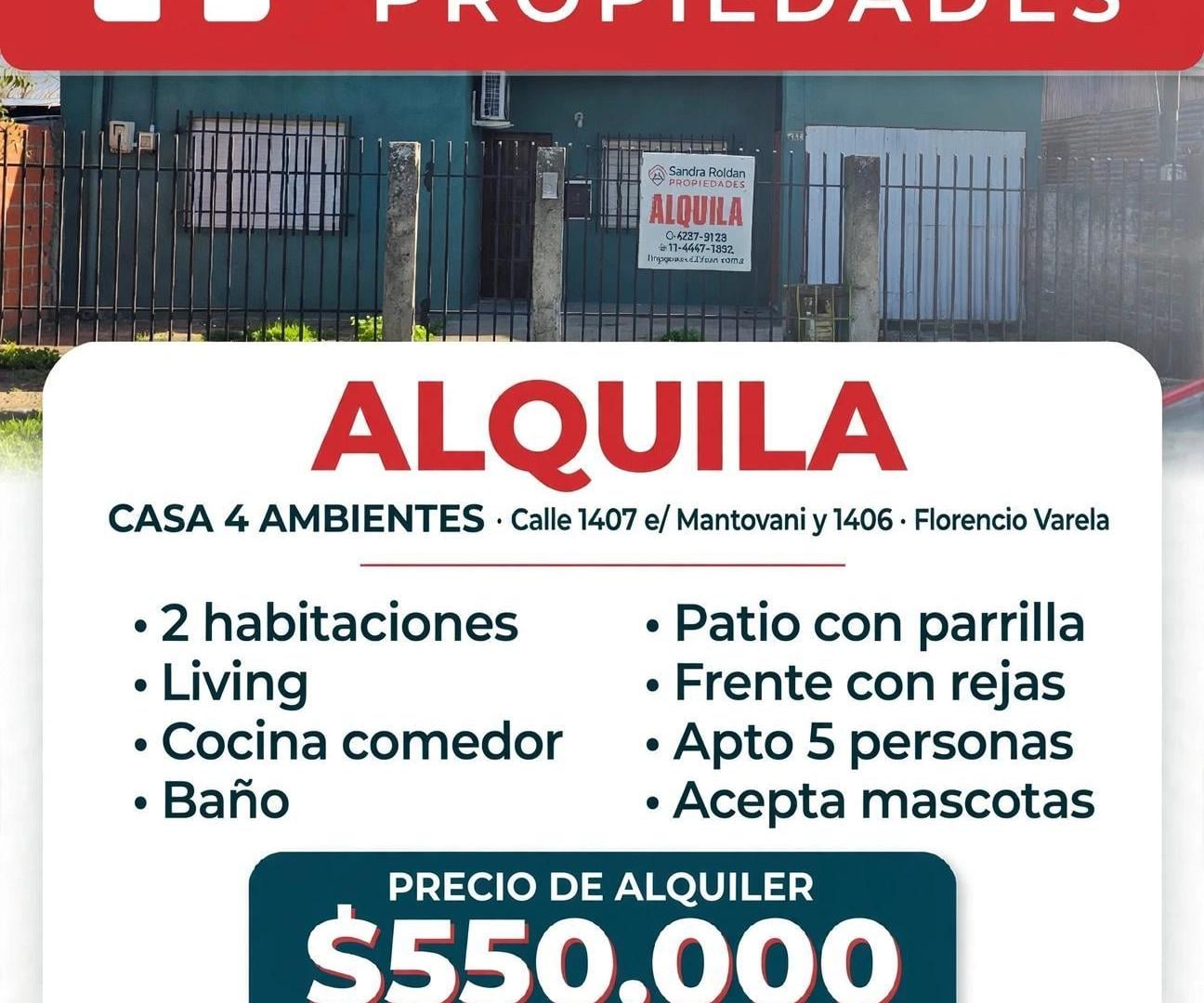 Casa en Alquiler con 2 dormitorios en Villa Brown, a 200 metros de Av Sarmiento