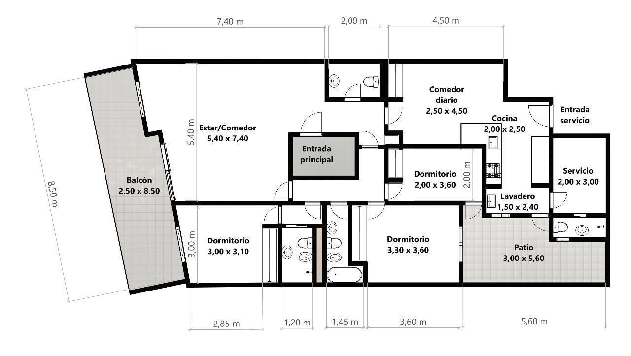 Semipiso de 4 ambientes con dependencia, balcón, patio, cochera y baulera