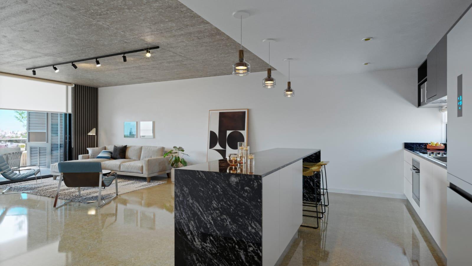Departamento de 2 dormitorios con patio y cochera
