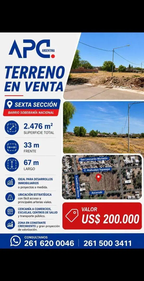 TERRENO CON 2 ESQUINAS. SALIDA A 3 CALLES.
Ubicados en Barrio Soberanía.
Ciudad De Mendoza. 2