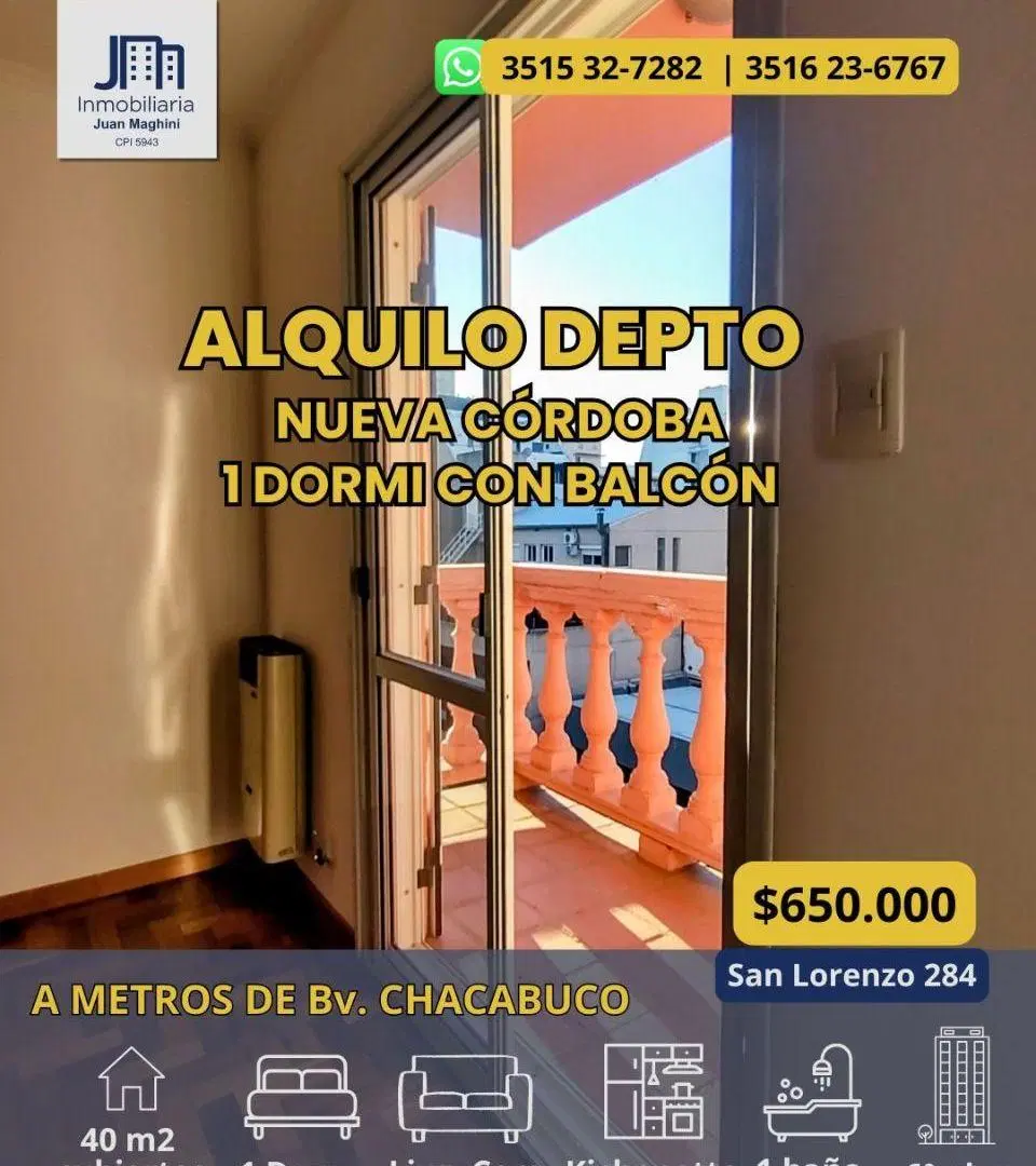 ALQUILO DEPTO NUEVA CÓRDOBA 1 Dormitorio con Balcón | A mtrs de Bv Chacabuco 1