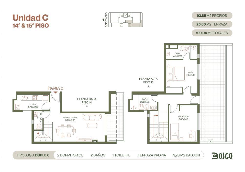 Departamento 2 dormitorios tipo dúplex en Bosco - Obispo Oro 354