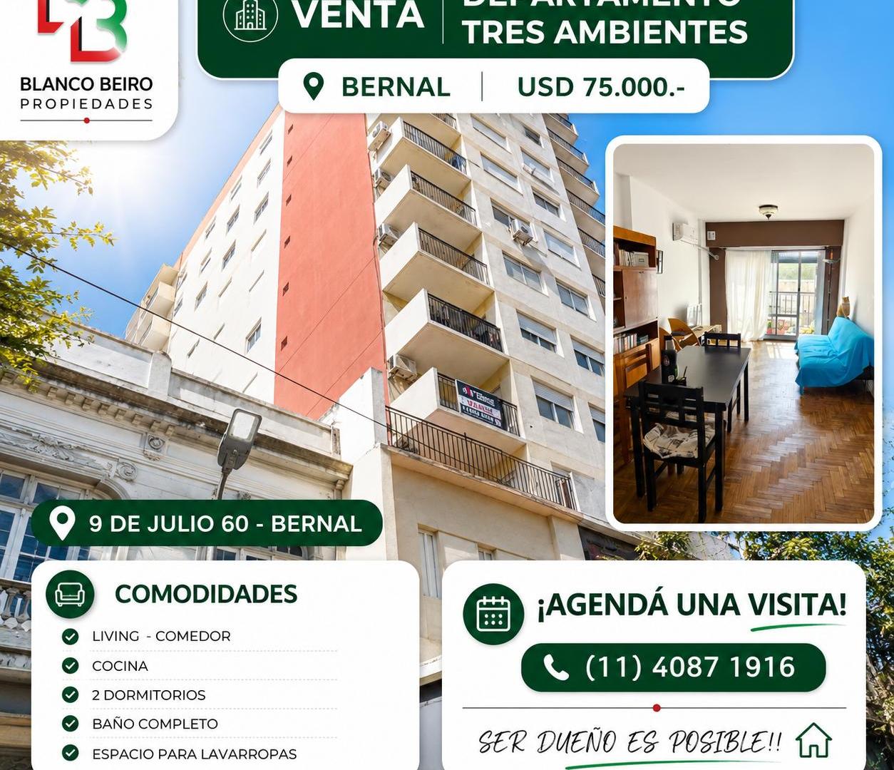 Venta Departamento 3 Ambientes Bernal Centro