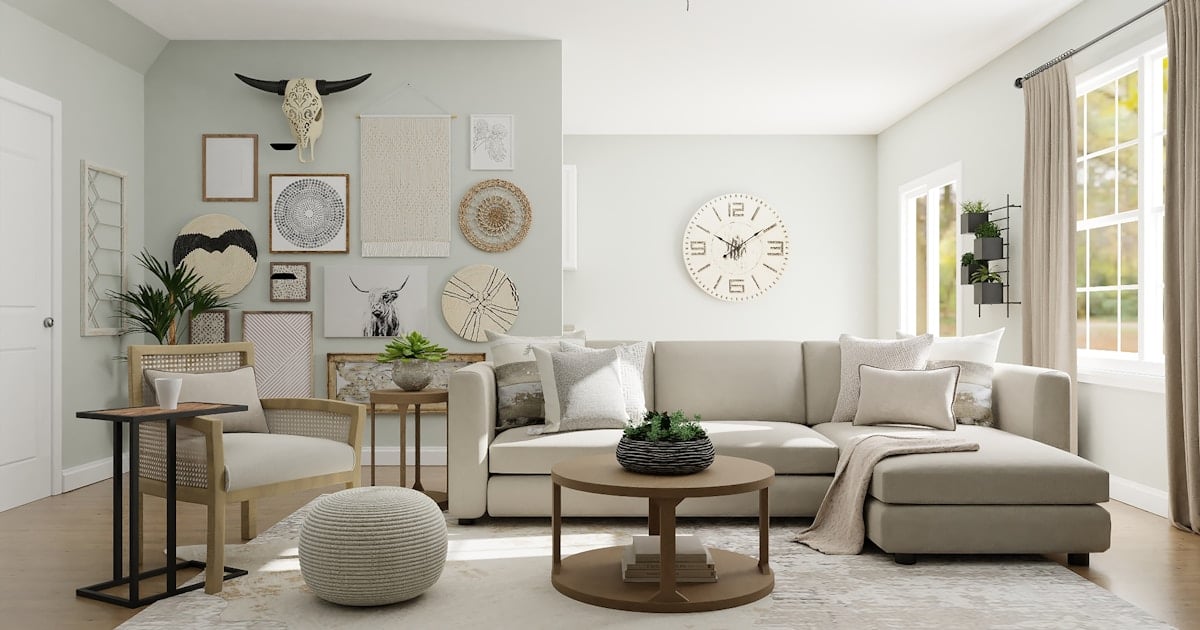 Living decorado en estilo Japandi con muebles de madera clara y líneas simples